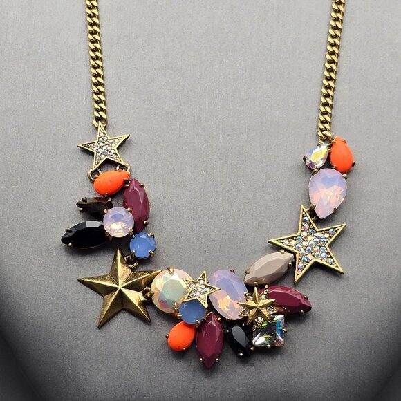 J Crew Fruit Salad AB Crystals Acrylic Gems w/ Stars Necklace 18" Gold Plated - Picture 1 of 7